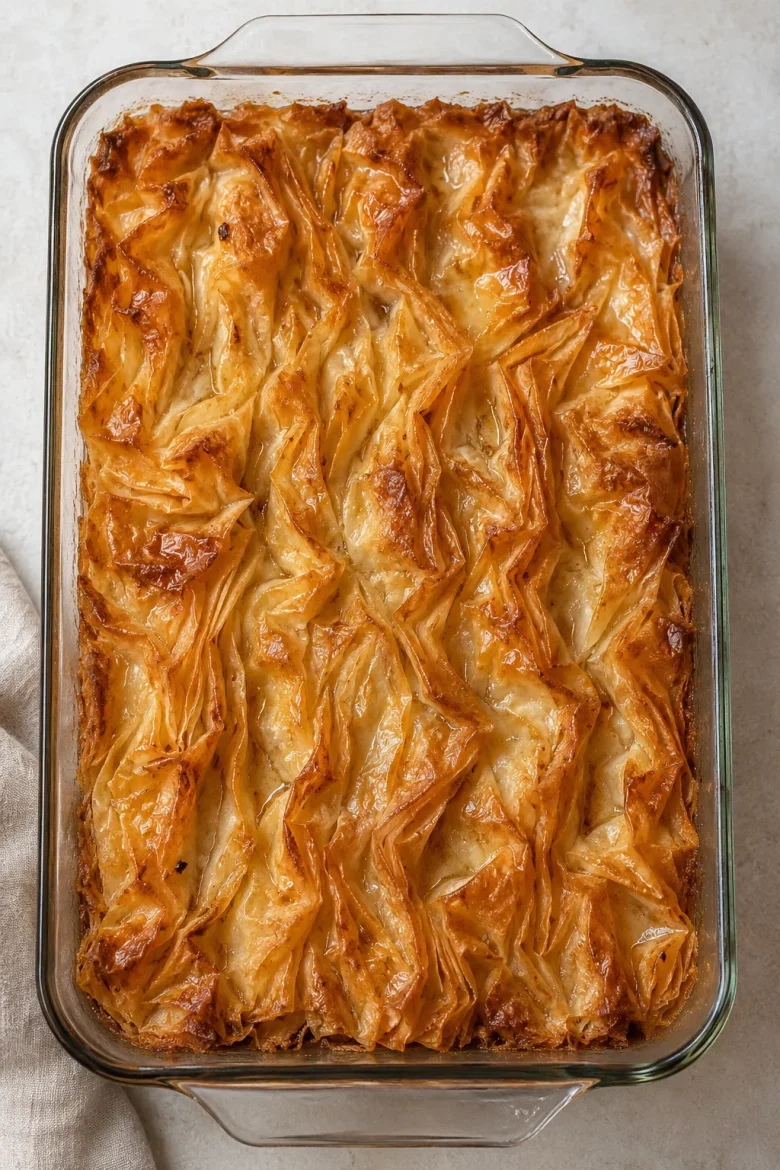 Overhead view of golden crinkle cake in a glass baking dish