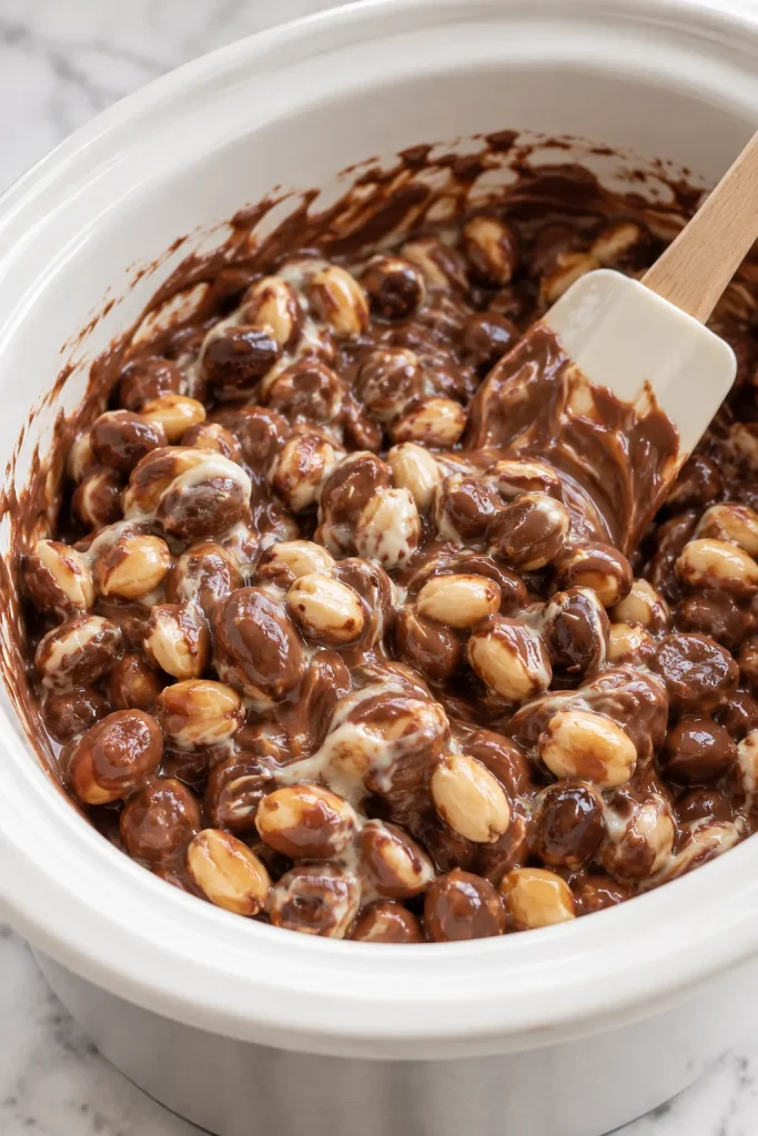 Melted chocolate and peanuts stirred together in a slow cooker for Crockpot Christmas Crack