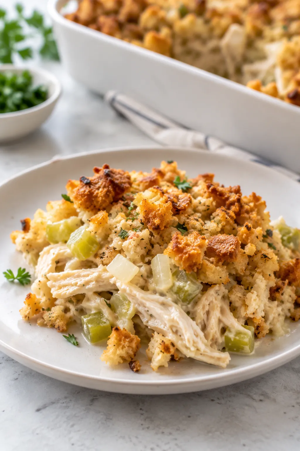 Serving of rotisserie chicken and stuffing casserole with creamy chicken and golden stuffing