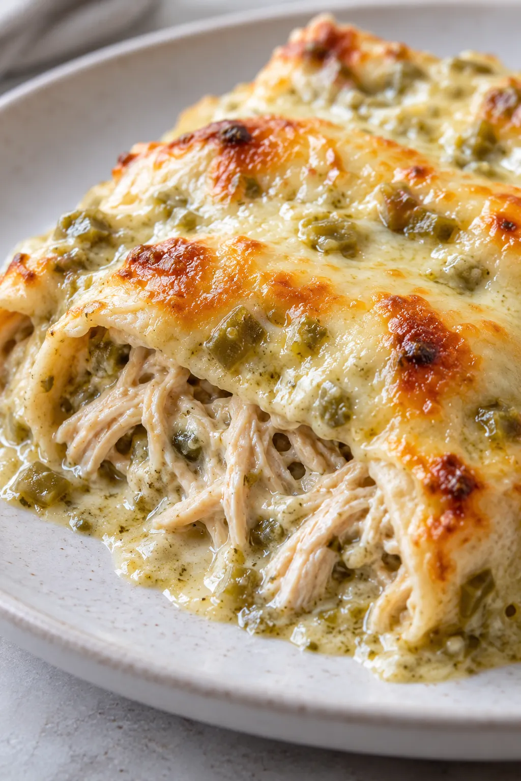 Close-up of a cream cheese chicken enchilada with melted cheese, shredded chicken, and green chile sauce