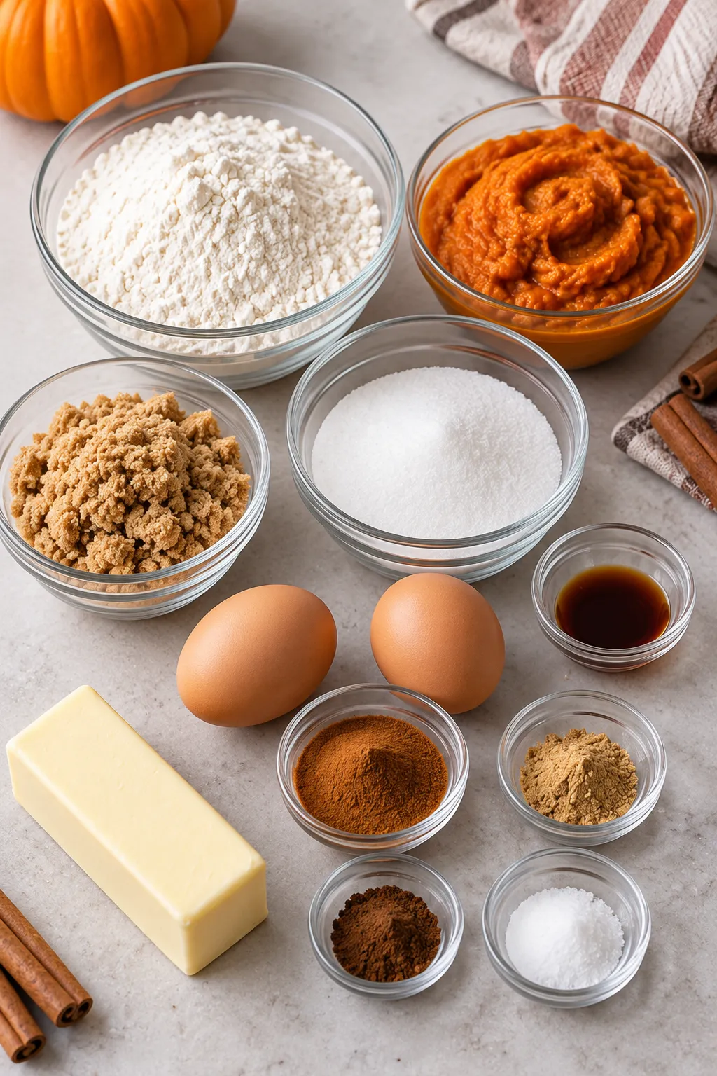 Ingredients arranged for moist pumpkin bread