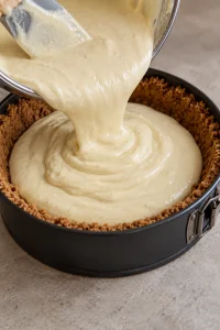 Cheesecake batter poured into graham cracker crust for pecan cheesecake pie