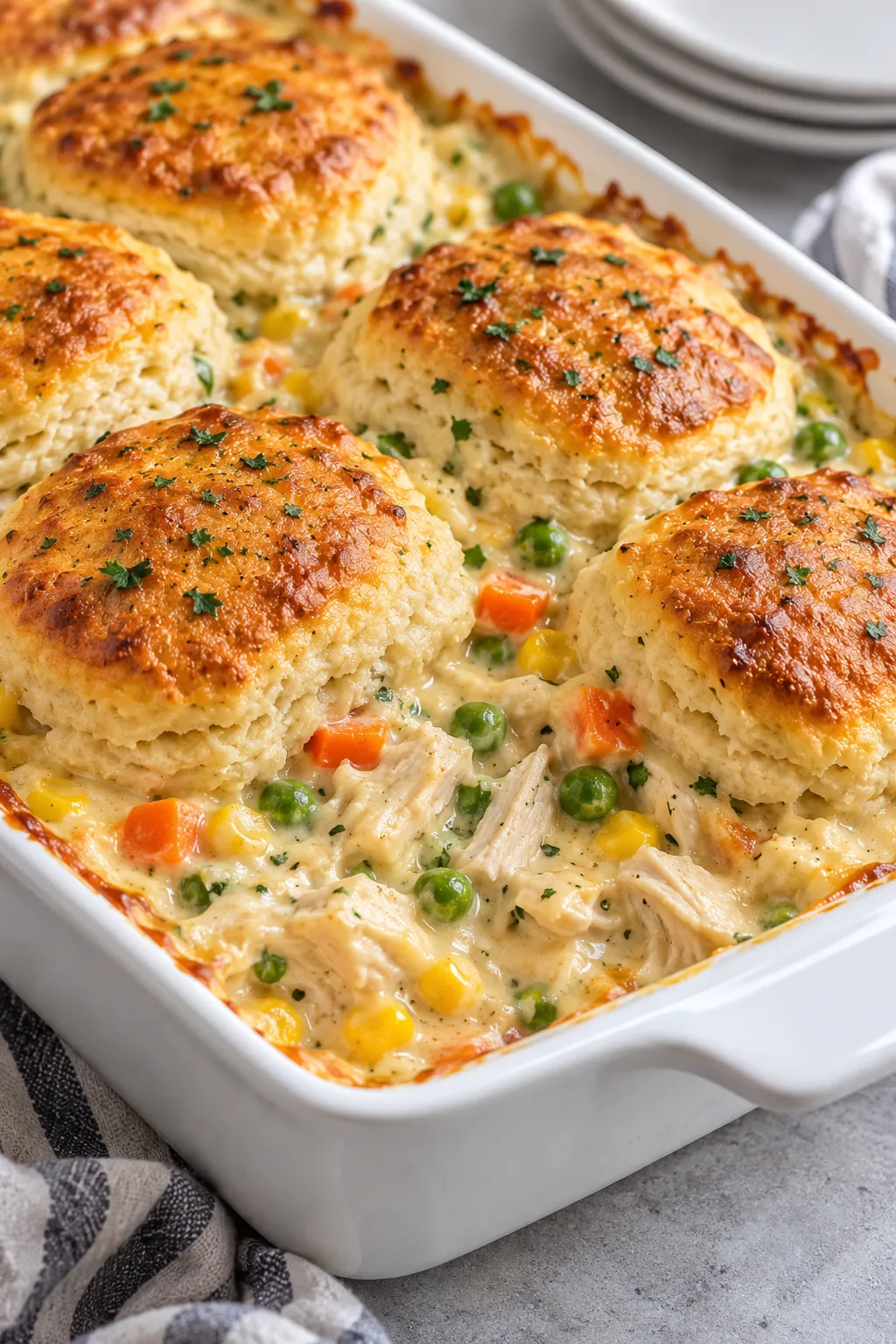 Chicken pot pie bake with golden biscuits over creamy chicken, peas, carrots, and corn