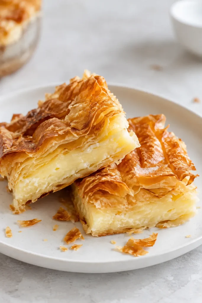 Two crinkle cake squares showing flaky phyllo and custard layers