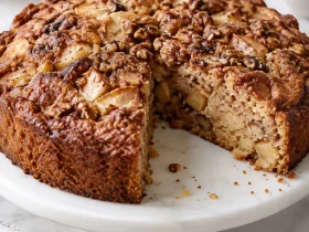 Whole cinnamon apple cake with a wedge removed showing moist apple and walnut crumb