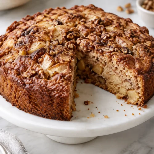 Whole cinnamon apple cake with a wedge removed showing moist apple and walnut crumb
