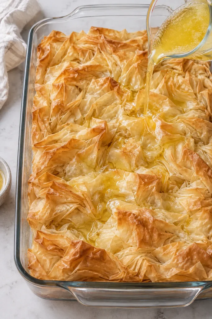 Melted butter being poured over baked crinkled phyllo