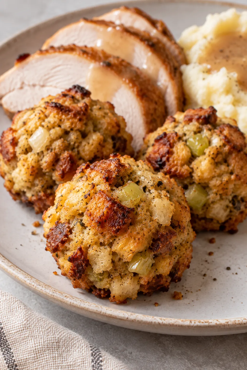 Stuffing balls served with sliced roast turkey, mashed potatoes, and gravy