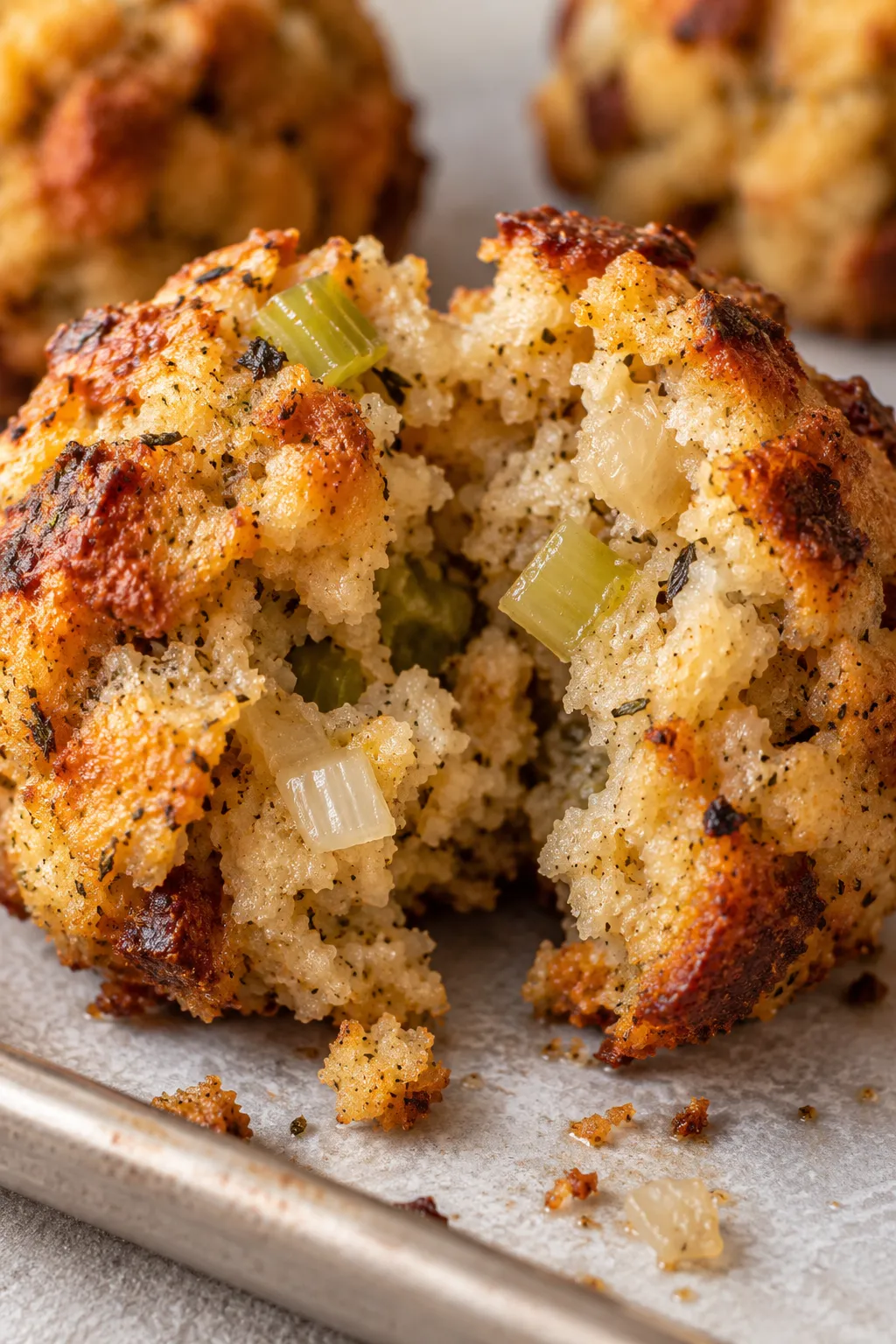 Close-up of a stuffing ball broken open to show the moist bread, celery, onion, and herb filling