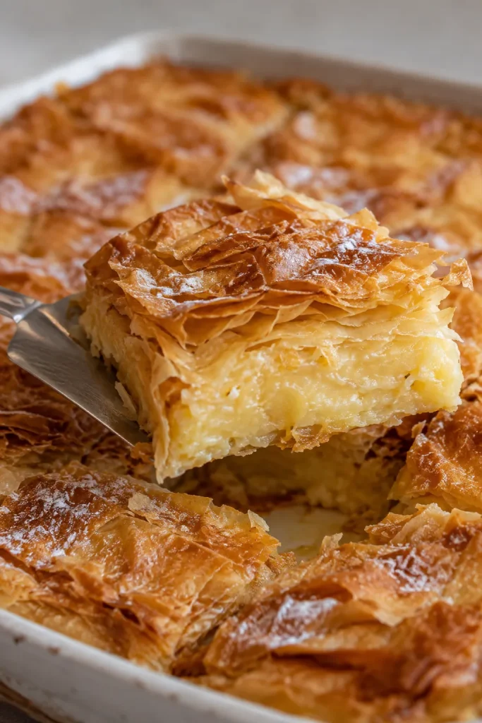 Square of crinkle cake lifted from the pan on a cake server
