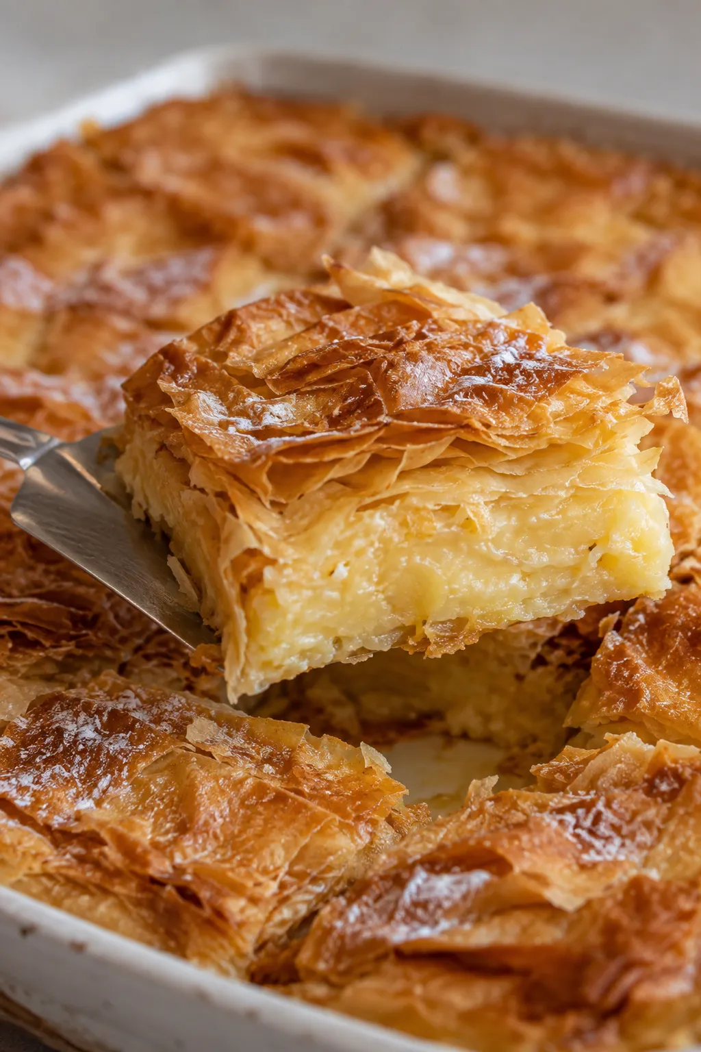 Square of crinkle cake lifted from the pan on a cake server