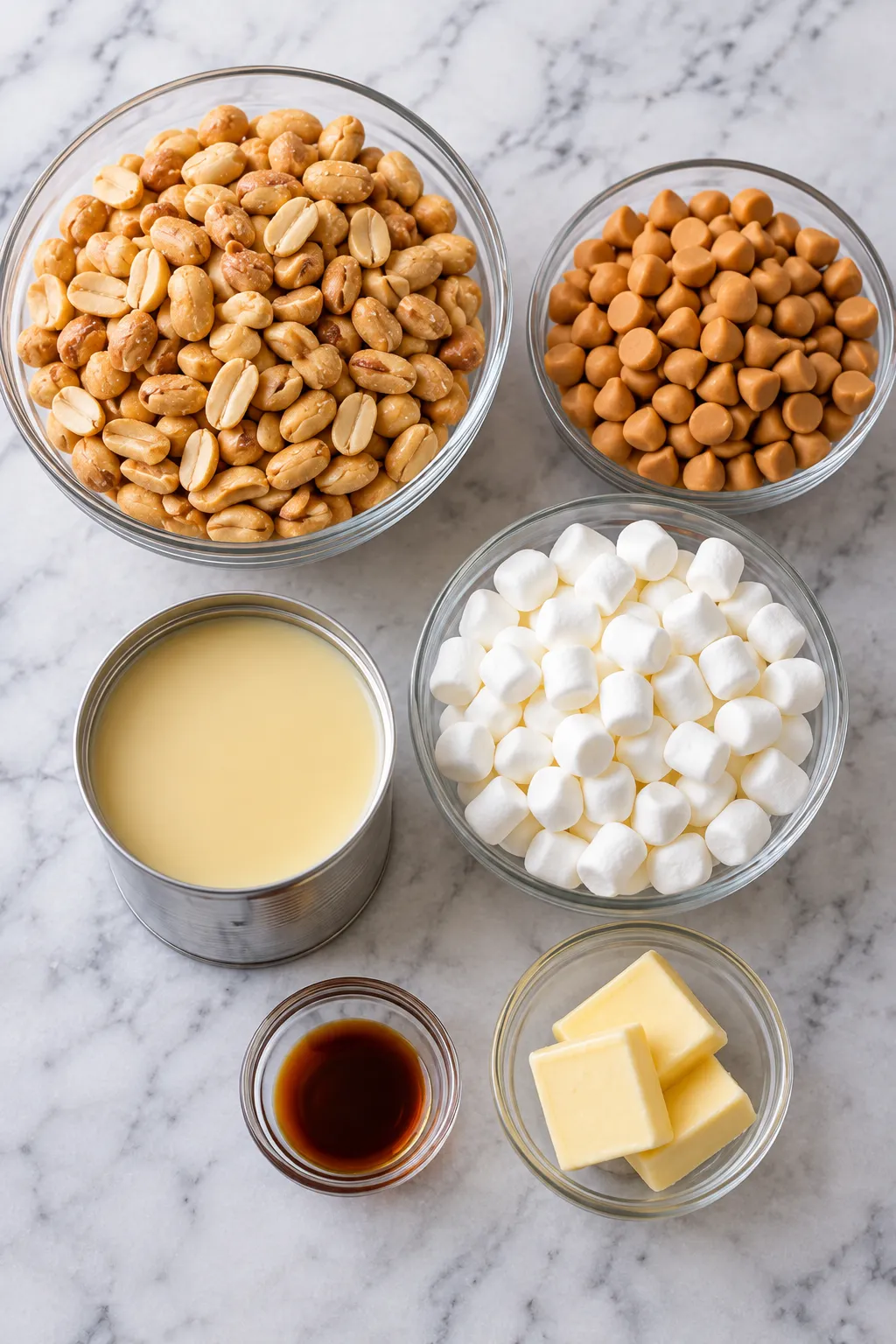 Ingredients for homemade Payday candy bars with salted peanuts, peanut butter chips, mini marshmallows, condensed milk, butter, and vanilla