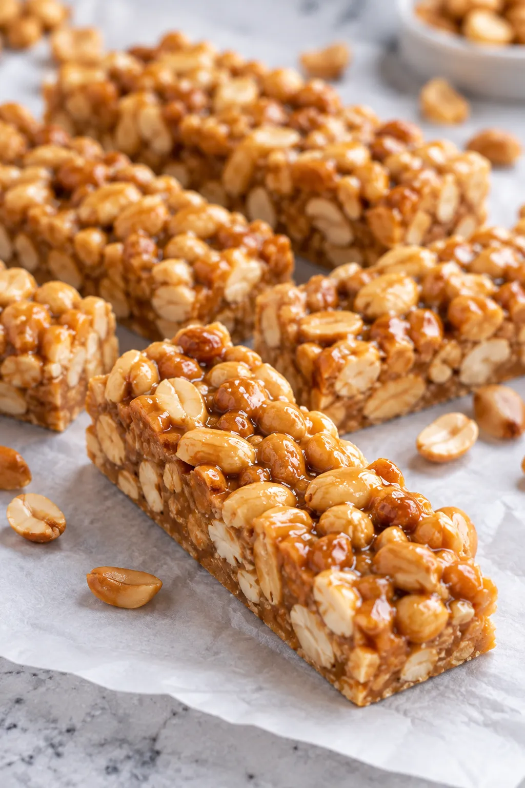 Homemade Payday candy bar in the foreground with more peanut bars behind it