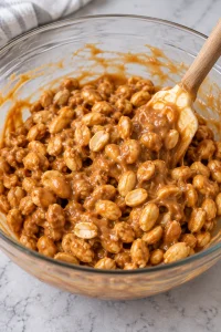 Roasted peanuts coated in the warm peanut butter candy mixture for homemade Payday bars
