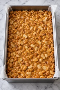 Homemade Payday candy bar mixture spread in a parchment-lined pan before chilling