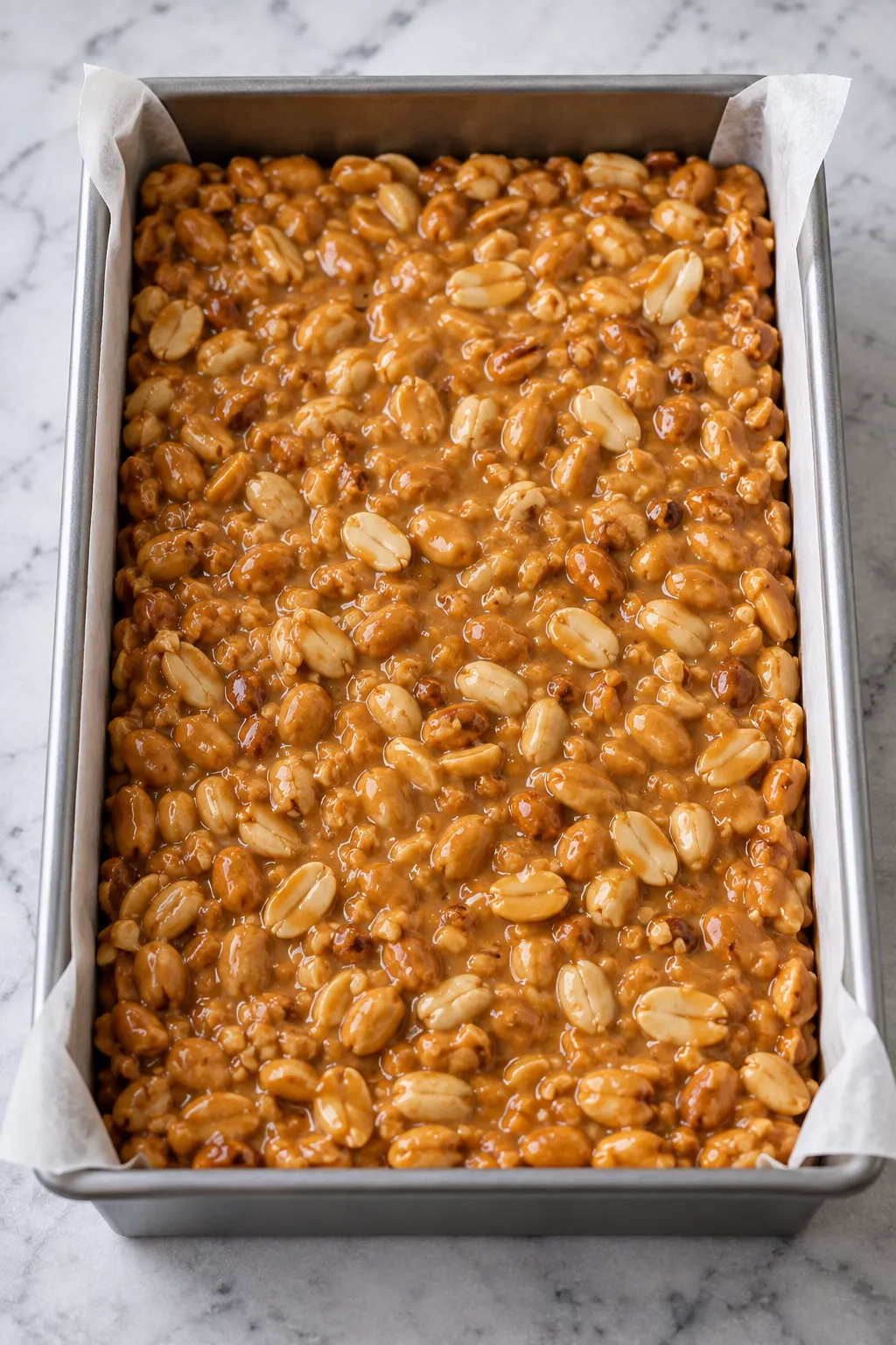 Homemade Payday candy bar mixture spread in a parchment-lined pan before chilling