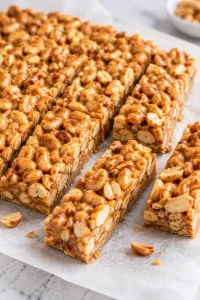 Homemade Payday candy bars cut into long peanut-filled bars after chilling