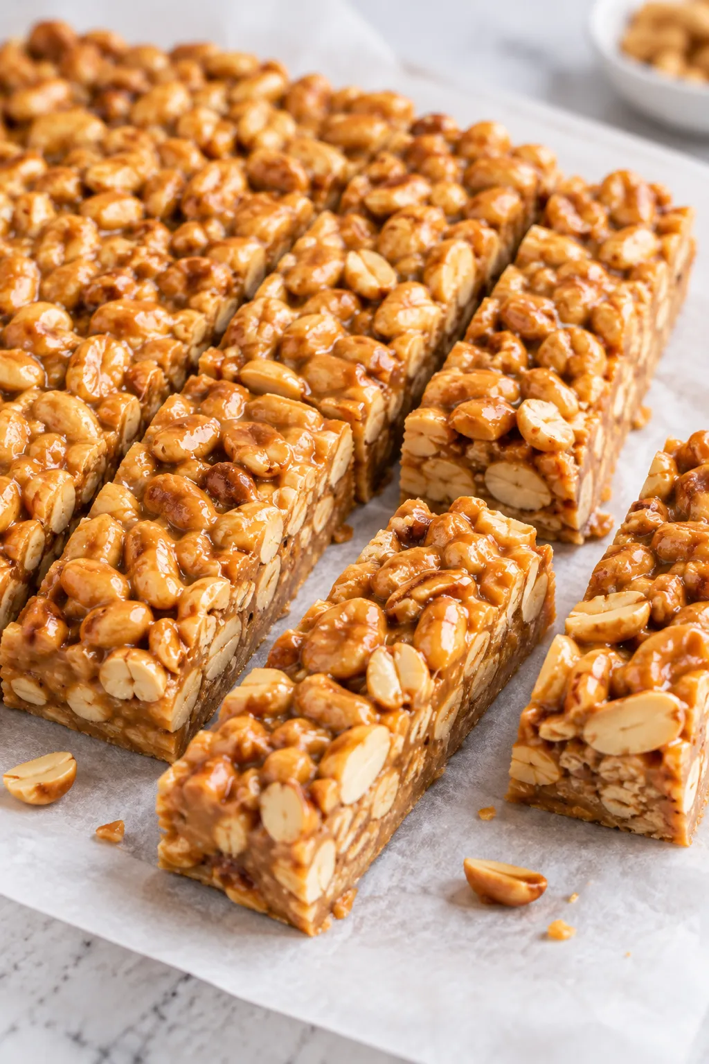 Homemade Payday candy bars cut into long peanut-filled bars after chilling
