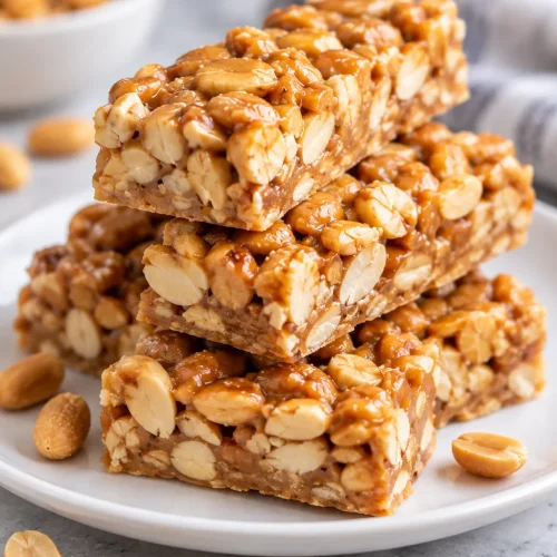 Stack of homemade Payday candy bars with roasted peanuts and a chewy peanut butter center