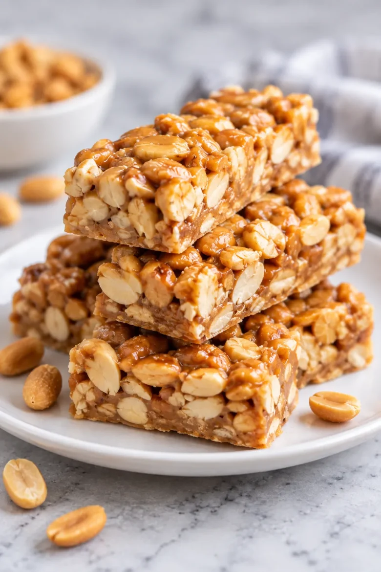 Stack of homemade Payday candy bars with roasted peanuts and a chewy peanut butter center