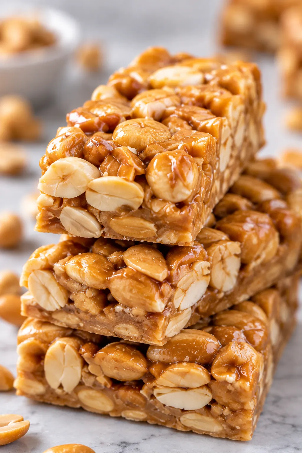 Close-up of homemade Payday candy bars showing roasted peanuts and the chewy candy center