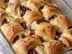 Oven baked crescent brie bites with raspberry jam in a glass baking dish