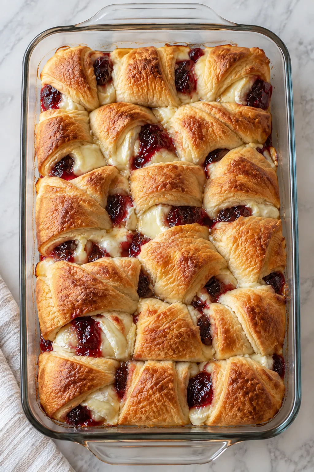 Golden crescent brie bites filled with melted brie and fruit preserves