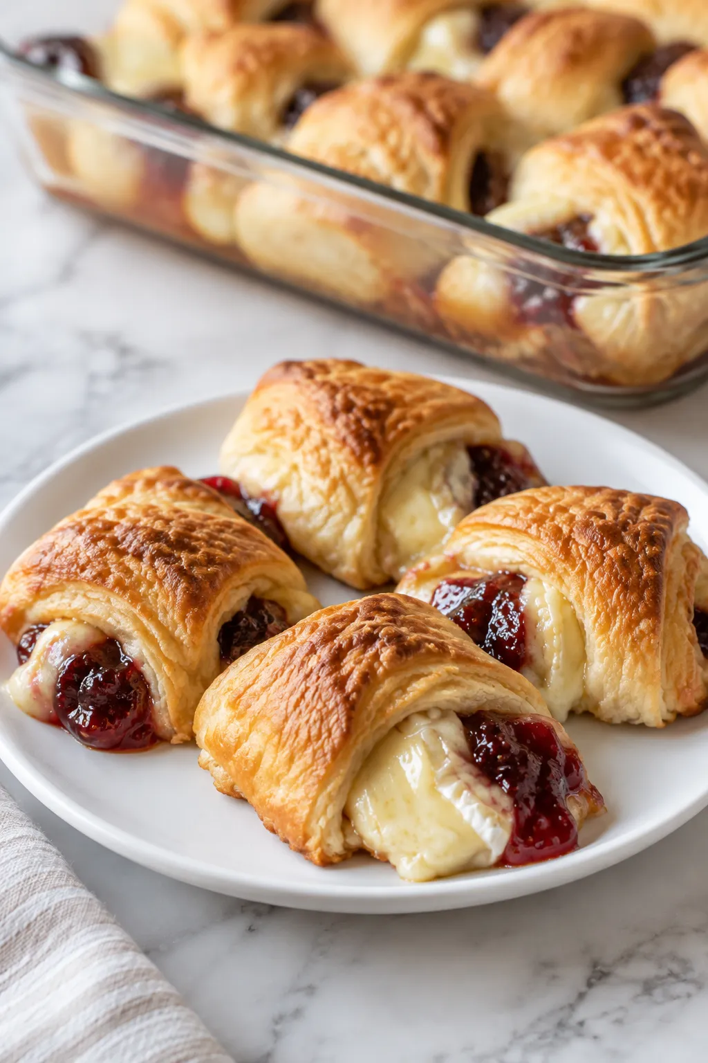 Crescent roll dough with brie cheese and fruit preserves for brie bites