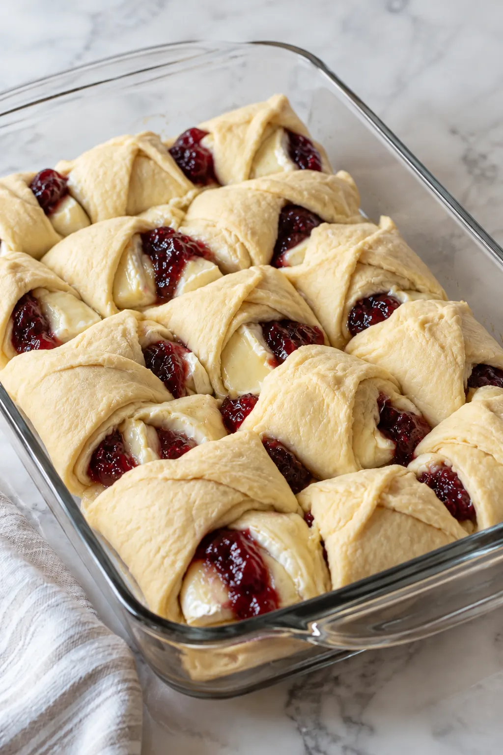 Crescent dough filled with brie cheese and fruit preserves