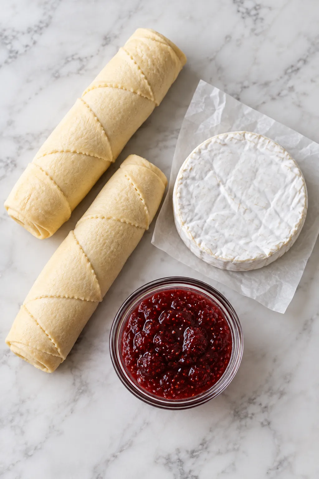 Filled crescent brie bites arranged in a baking dish before baking