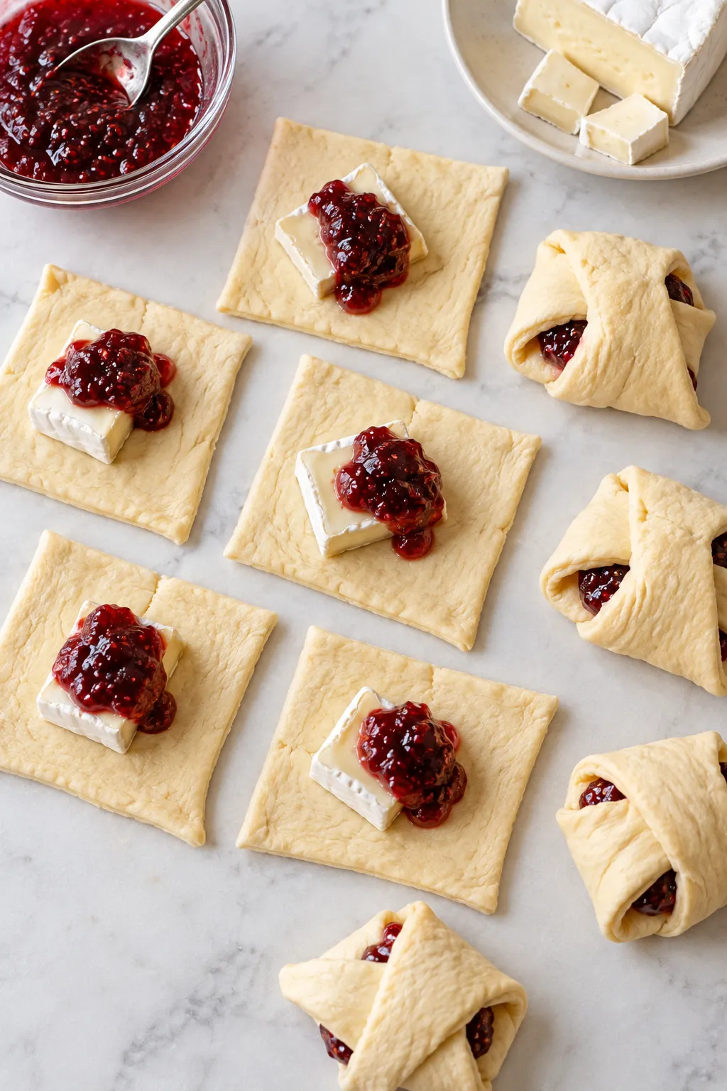 Freshly baked crescent brie bites golden brown in a baking dish