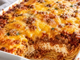 Million Dollar Spaghetti Casserole with creamy cheese layers and beef sauce