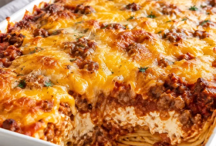 Million Dollar Spaghetti Casserole with creamy cheese layers and beef sauce
