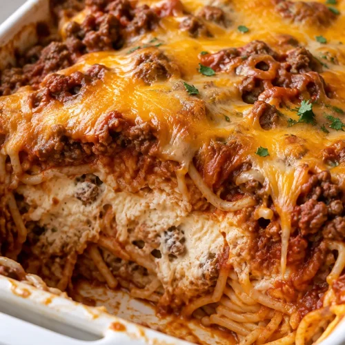 Close-up of Million Dollar Spaghetti Casserole in the baking dish showing spaghetti, creamy cheese filling, beef sauce, and melted cheddar