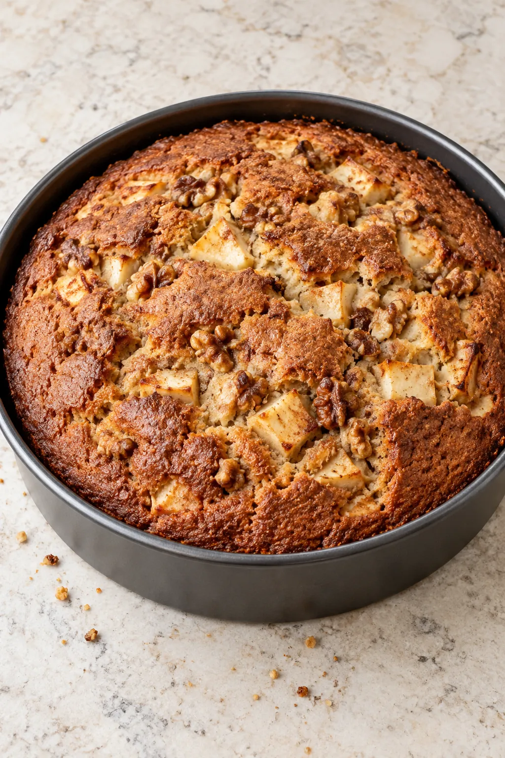 Golden-brown cinnamon apple walnut cake cooling in its round pan