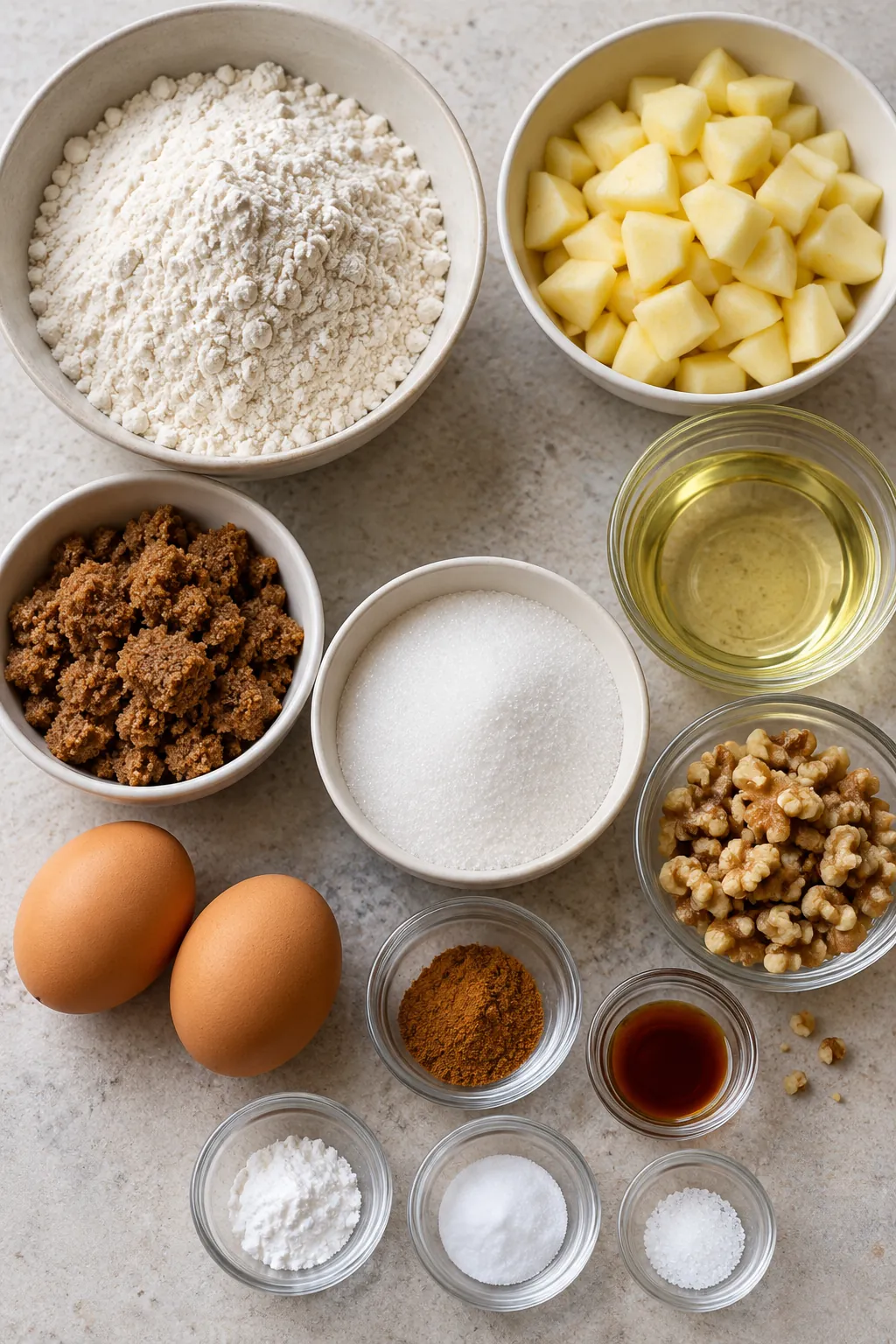 Ingredients for cinnamon apple cake: flour, chopped apple, walnuts, eggs, oil, sugars, cinnamon, vanilla, baking powder, baking soda, and salt