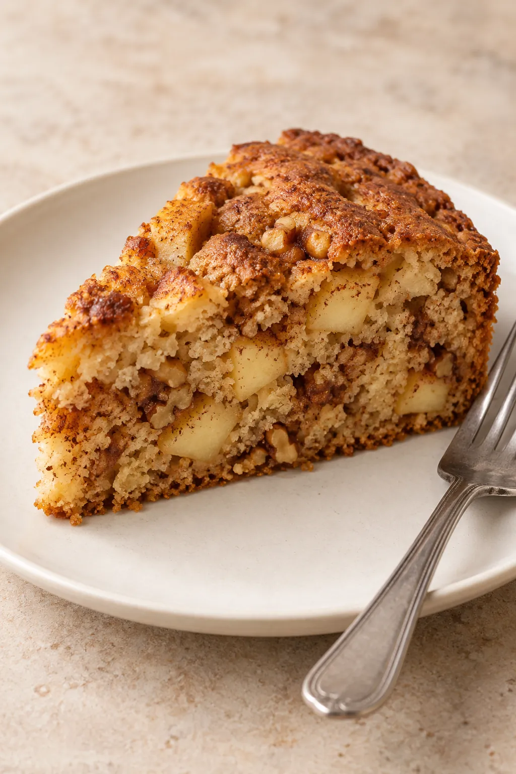 Slice of cinnamon apple walnut cake on a plate with apple pieces and walnuts visible in the crumb