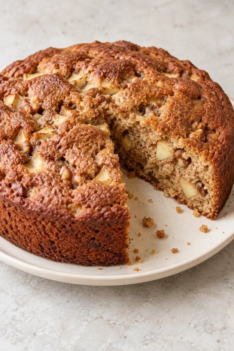 Round cinnamon apple walnut cake with a slice cut out, showing the apple-studded crumb
