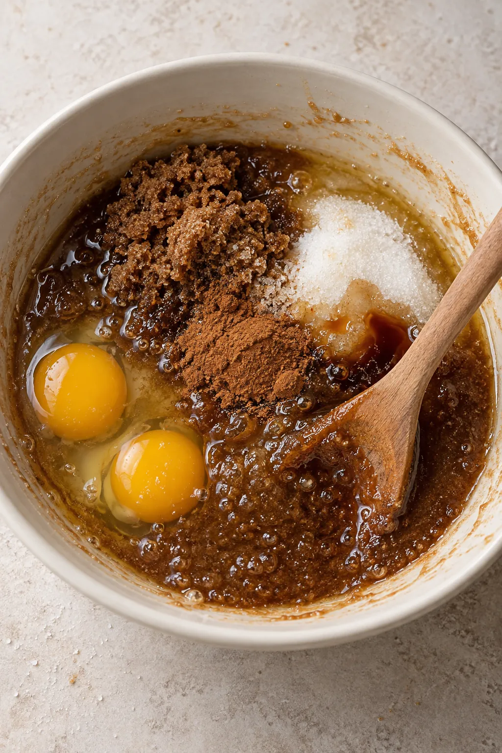 Eggs, oil, brown and granulated sugars, cinnamon, and vanilla in a mixing bowl before whisking