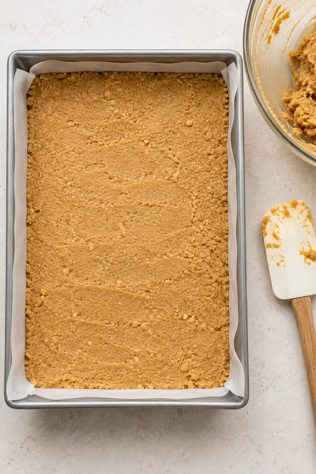 Peanut butter and graham cracker mixture pressed into a parchment-lined rectangular pan