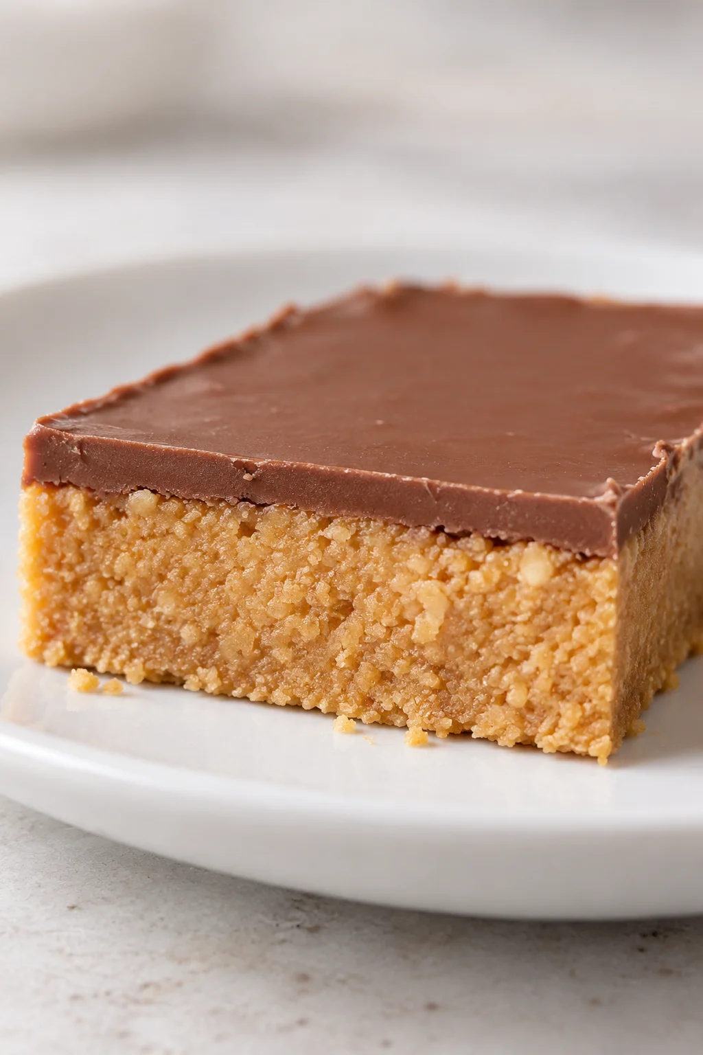 Close-up of a chocolate-topped bar showing its peanut butter and graham cracker filling