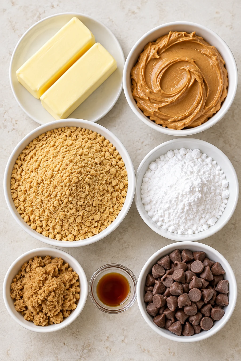 Butter, peanut butter, graham cracker crumbs, powdered sugar, brown sugar, vanilla, and milk chocolate chips