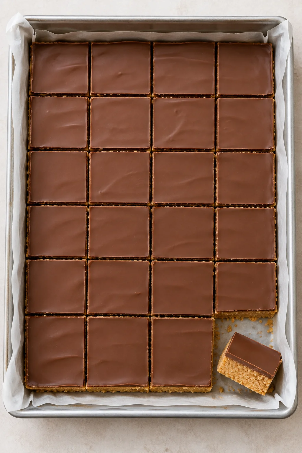 Chilled peanut butter chocolate bars cut into small portions in a parchment-lined pan