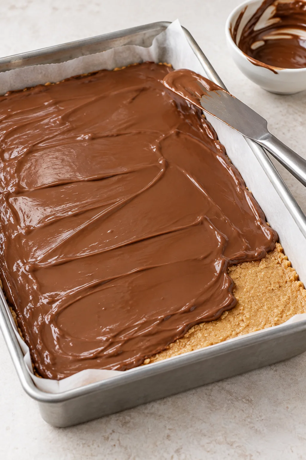 Melted milk chocolate spread over the peanut butter layer in a parchment-lined pan