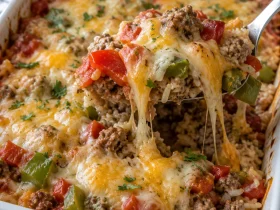 Easy Stuffed Pepper Casserole with ground beef, rice, peppers, tomatoes, and melted cheese