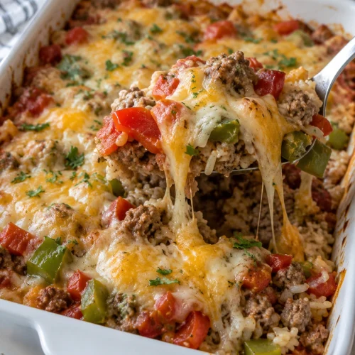 Easy Stuffed Pepper Casserole with ground beef, rice, peppers, tomatoes, and melted cheese
