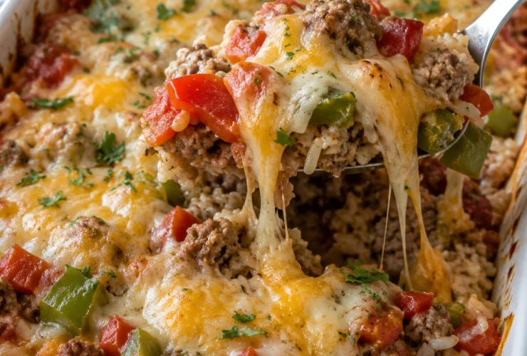 Easy Stuffed Pepper Casserole with ground beef, rice, peppers, tomatoes, and melted cheese
