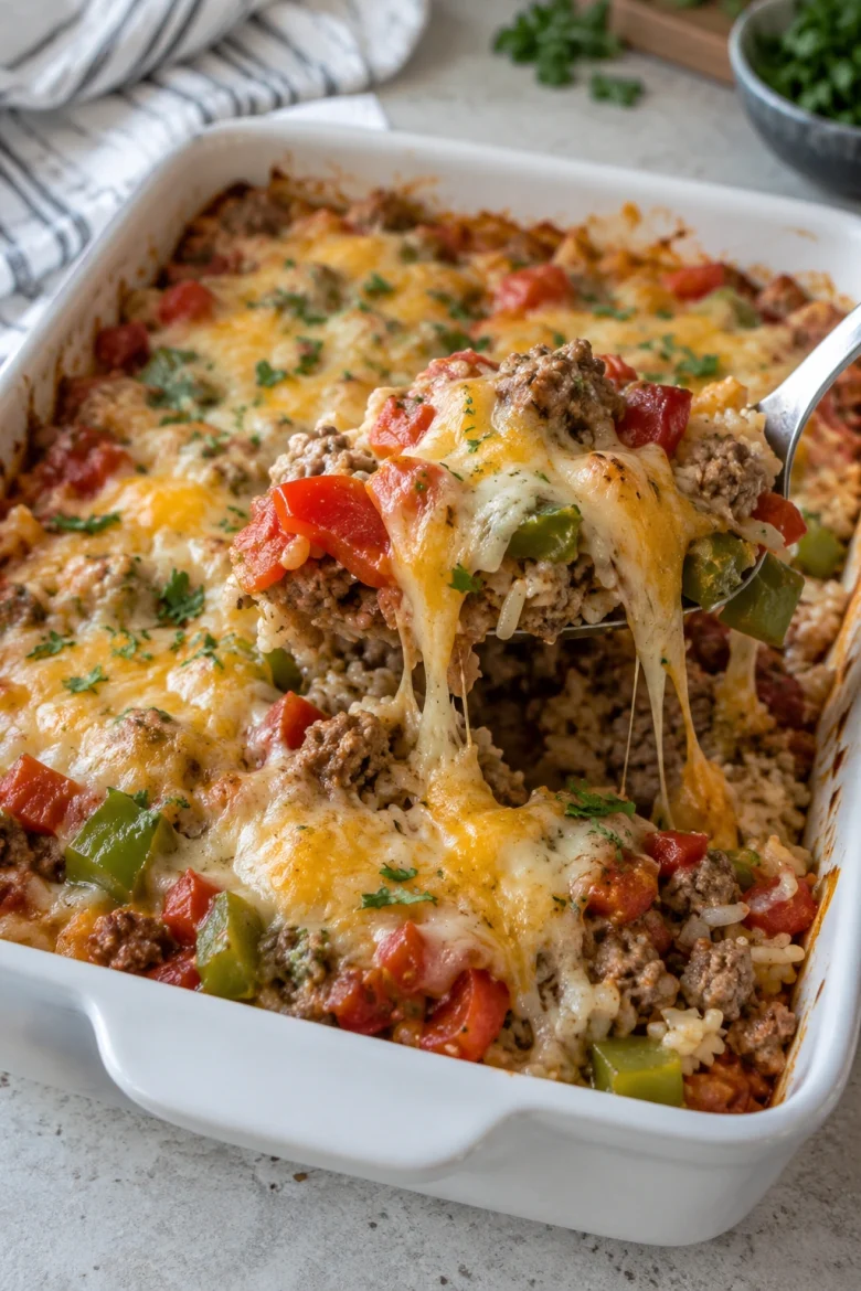 Easy Stuffed Pepper Casserole with ground beef, rice, peppers, tomatoes, and melted cheese