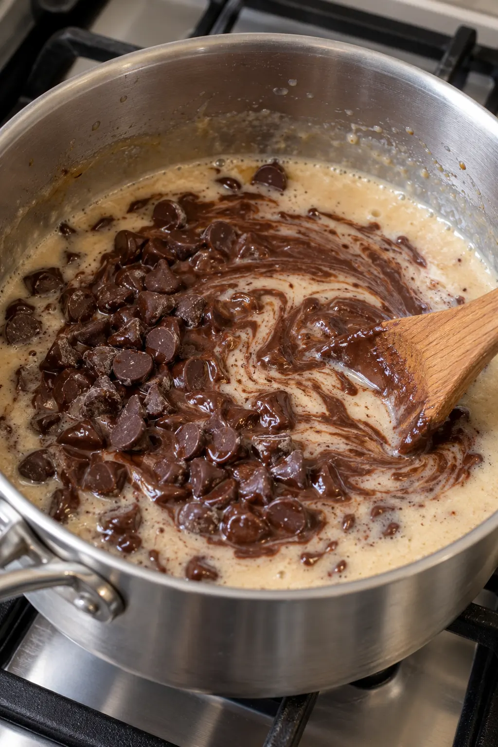Semisweet chocolate chips melting into the hot fudge base with chocolate swirls