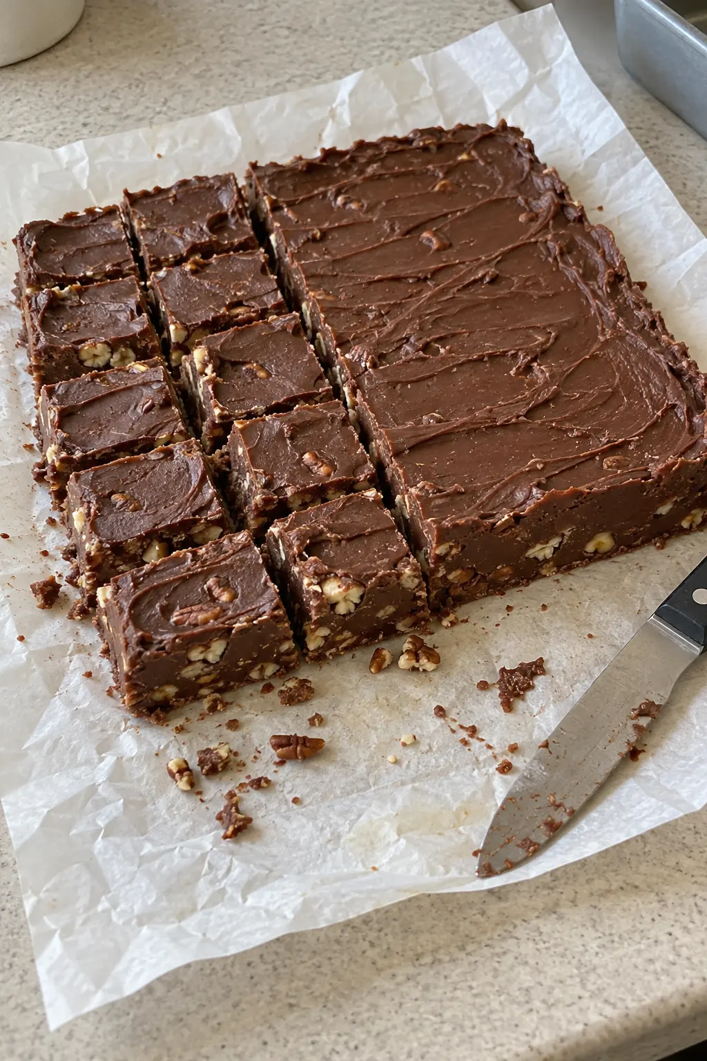 Firm chocolate pecan fudge partly cut into squares on parchment with a knife alongside